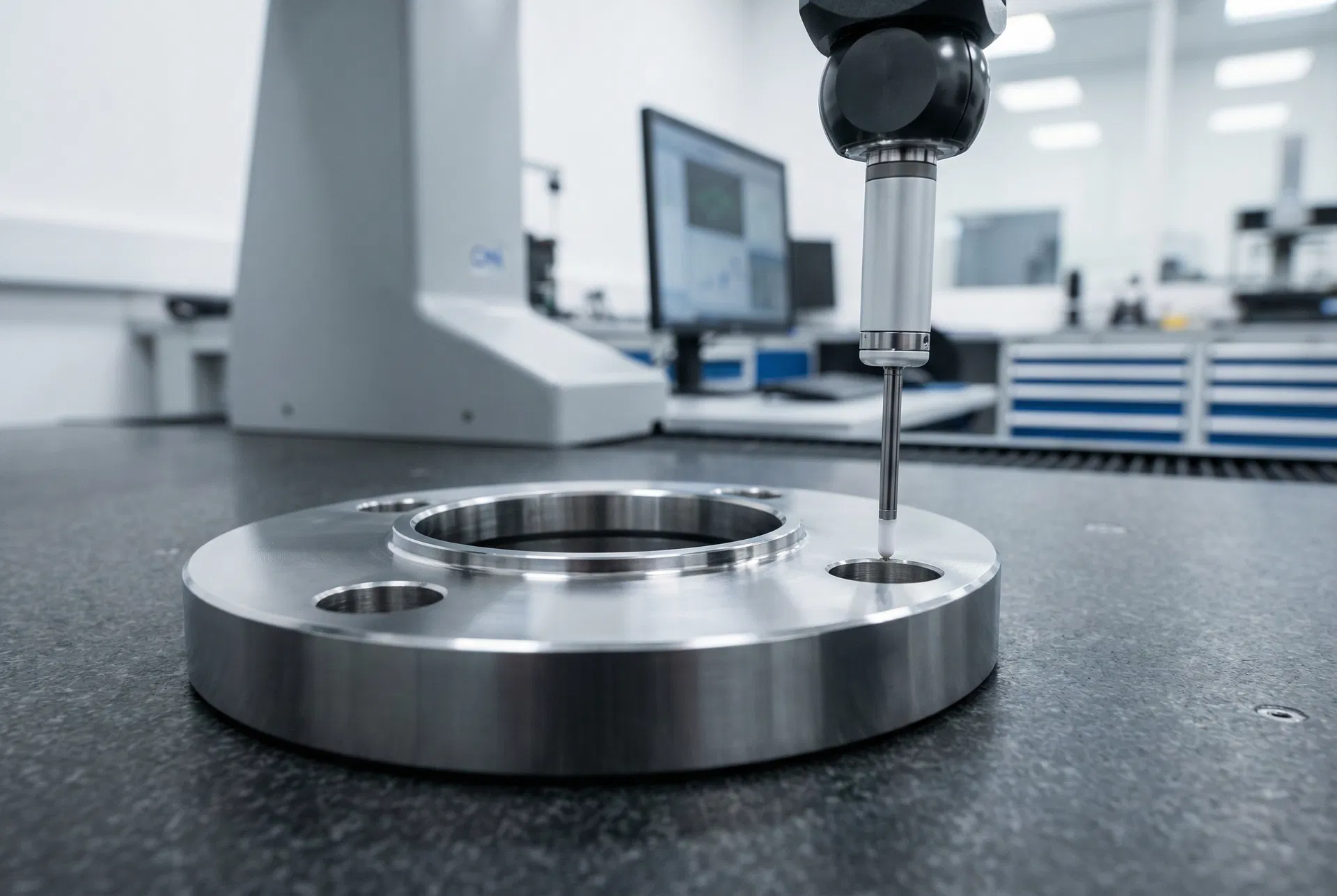 CMM coordinate measuring machine verifying a precision stainless steel flange — TJS Forging quality lab