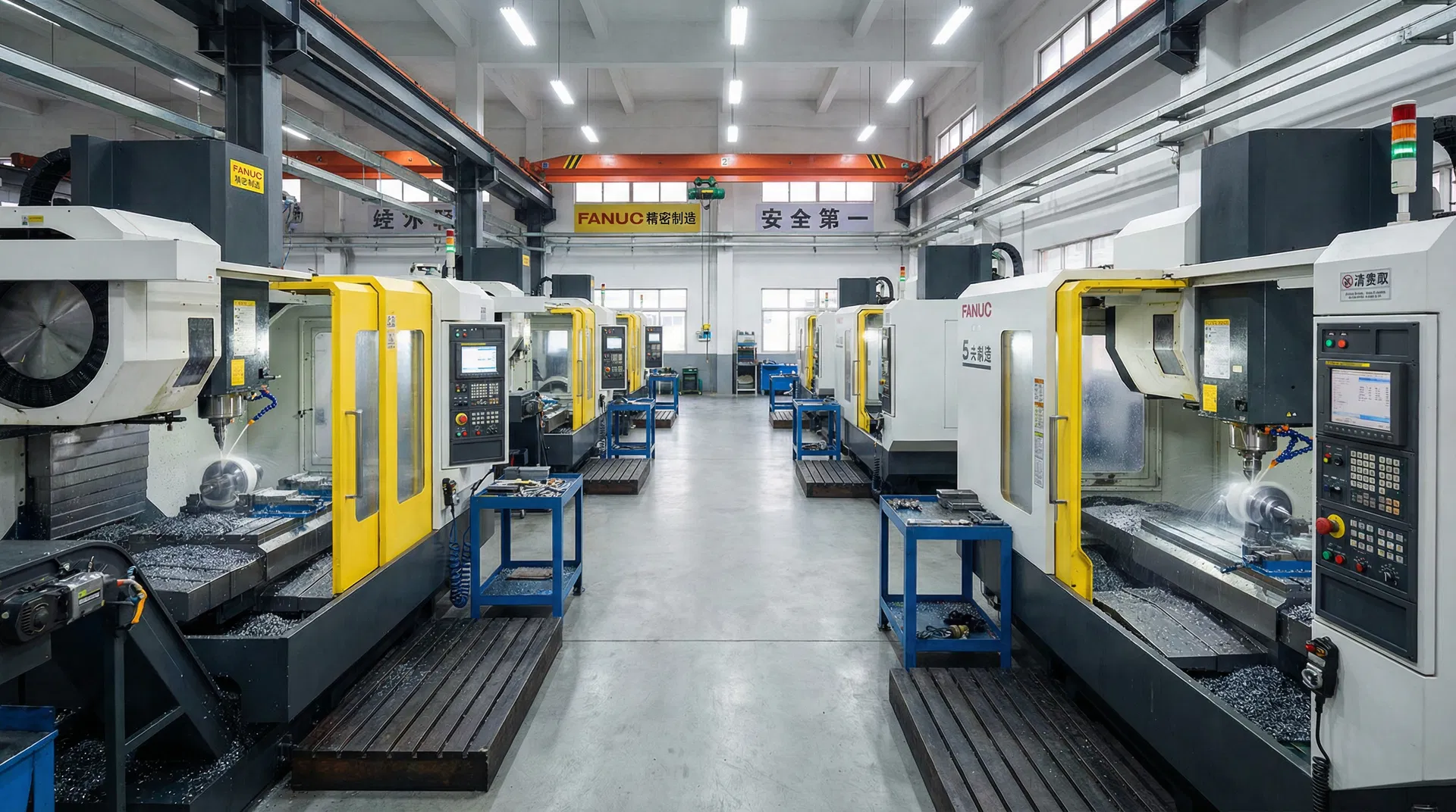 Multi-axis CNC machining center cutting a metal forged part